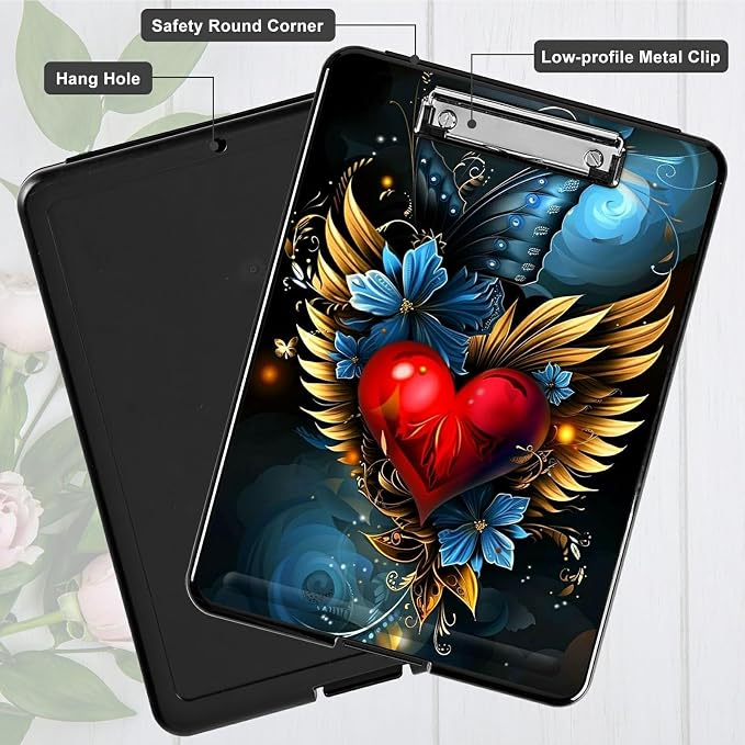 Winged Heart A4 Clipboard with Storage Pen Holder, Clipboards Organizer Nursing Clipboard Foldable File Folder Plastic Clipboard Folio Clip Board for Office Students Classroom Doctor