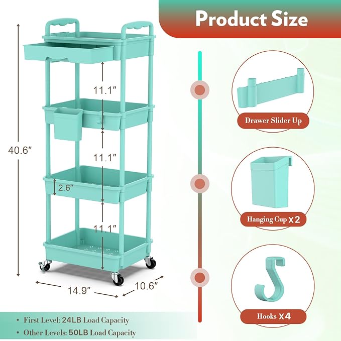 SUNALLY Makeup Cart Organizer with Drawer, 4 Tier Rolling Makeup Cart, Blue | Rolling Vanity Storage for Skin Care Perfume Nail Polish, Floor Skincare Organizers Cosmetics Display Bathroom Storage Cart