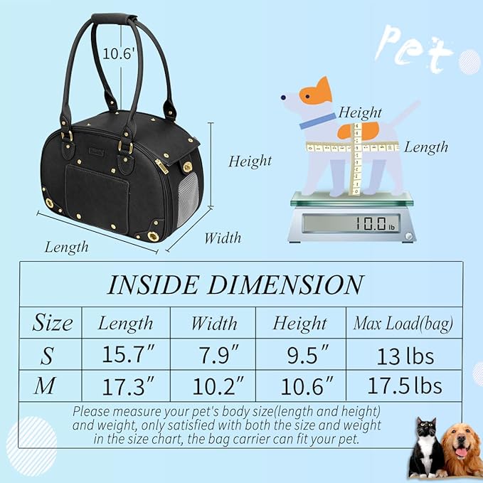 Dog Carrier Purse, Pet Carrier, Waterproof Premium Leather Pet Travel Portable Bag Carrier for Cat and Small Dog Home & Outdoor Medium Black