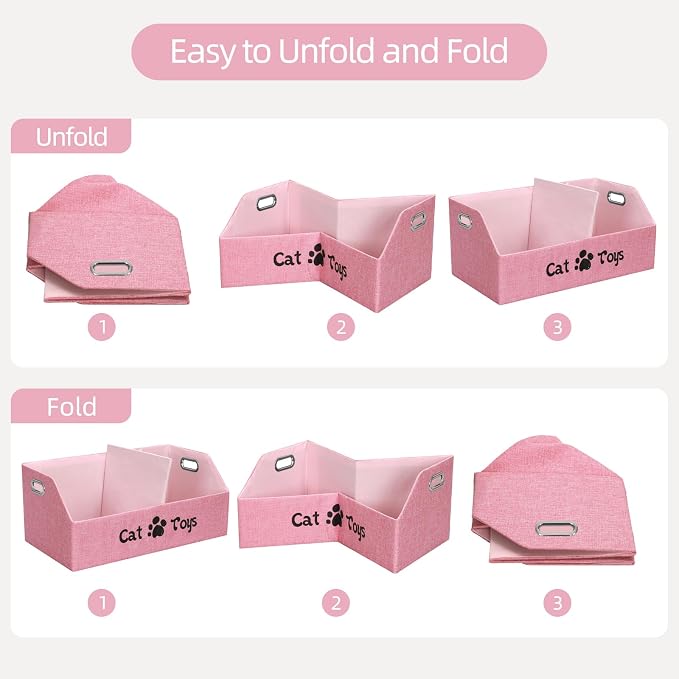 Cat Toy Basket, Kitten Toys Storage Organizer Foldable Fabric Bin Pet Supplies Chest Holder Trapezoid Container with Metal Handles for Organizing Cats Clothes Accessories, Pink