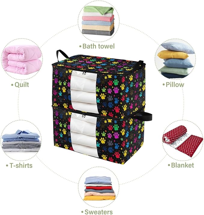 Generic Colorful Paw Prints Clothes Storage Bag Bins 2 Pack Foldable Storage Containers Large Closet Organizer with Zipper Storage Cubes for Pillows Comforters Clothing 95L, g355896602p976c1037s2358