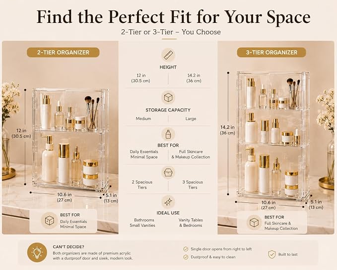 2-Tier Acrylic Display Case with Magnetic Door, Clear Makeup & Skincare Organizer for Bathroom Countertop, Dustproof Vanity Storage Cabinet for Cosmetics, Perfume & Beauty Products