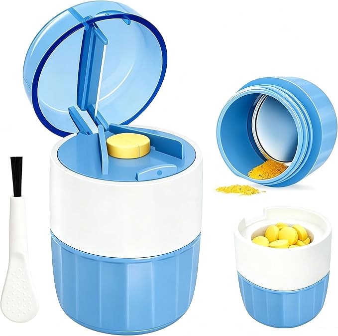 AMAFI 3-in-1 Pill Crusher and Pill Cutter Pills Crusher Fine Powder with Stainless Steel Grinding Head Pil Grinder with Storage for Tablets Cutter Splitter for Small and Tiny Pills Blue