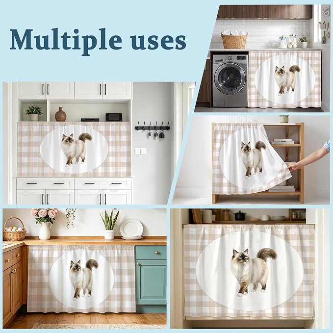 Ragdoll Cat Sink Skirt for Bathroom, Self-Adhesive Under Sink Curtain, Modern Linen Plaid Farmhouse Pet Cats Hide Pipes & Storage Fabric Cabinet Skirt Cover for Kitchen Laundry 32"x55"