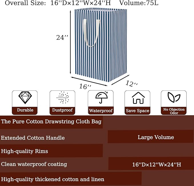 Waterproof Laundry Hamper 75L Collapsible Laundry Basket Extended Cotton Handle Laundry Bag Large Clothes Storage Toy Organization for Bathroom Bedroom Laundryroom College Dorms