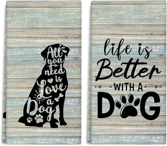 Life is Better with A Dog Kitchen Towels and Dishcloths Set of 2, Funny Decorative Hand Towel Drying Cloth for Bathroom, Gifts for Dog Lovers, Hostess, Women, 16x24 Inches -08