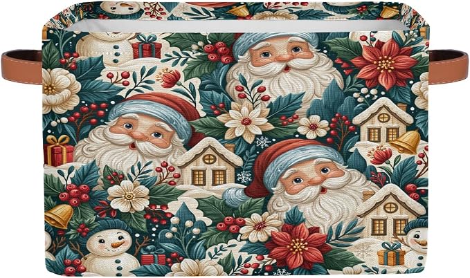 Christmas Basket Storage Bins Rectangle Canvas Basket Cube Storage Box | Nursery Foldable Basket with Handle for Kids Girls Boys Toys Living Room Closet Organizer Shelf Gifts Poinsettia Santa Claus