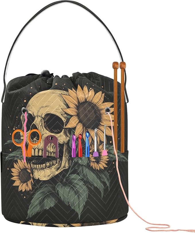 Fustylead Hand Draw Human Skull and Sunflower Design Large Yarn Storage Tote Basket, Knitting Crochet Drawstring Organizer Bag for Crocheting Project, Yarn Balls, Needles Accessories