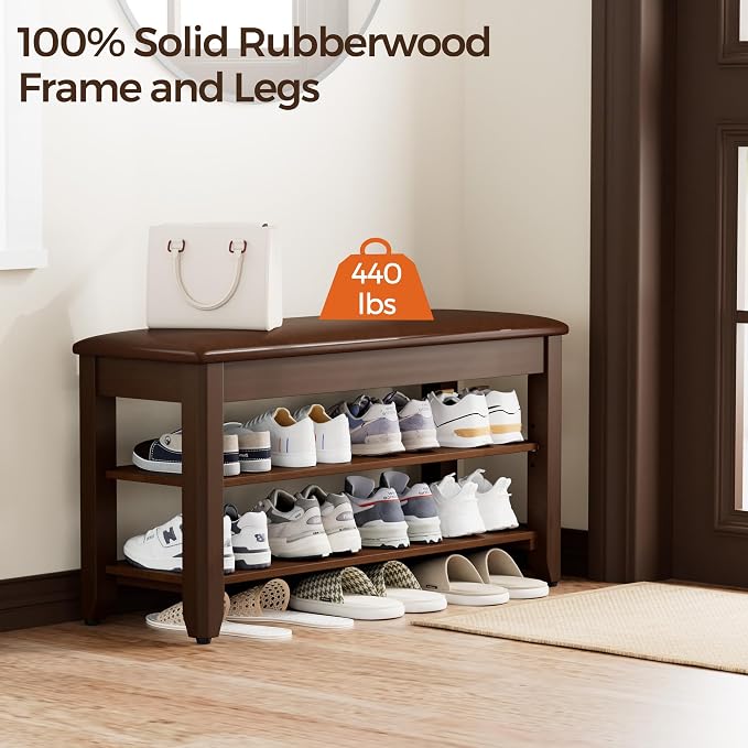 Homleke 31.5" Wide Solid Wood Shoe Rack Bench with Flip-Top Storage | 2-Tier Entryway Bench with Cushion, Adjustable Shelf, Holds Up to 8 Pairs, for Hallway, Bedroom and Closet, Walnut