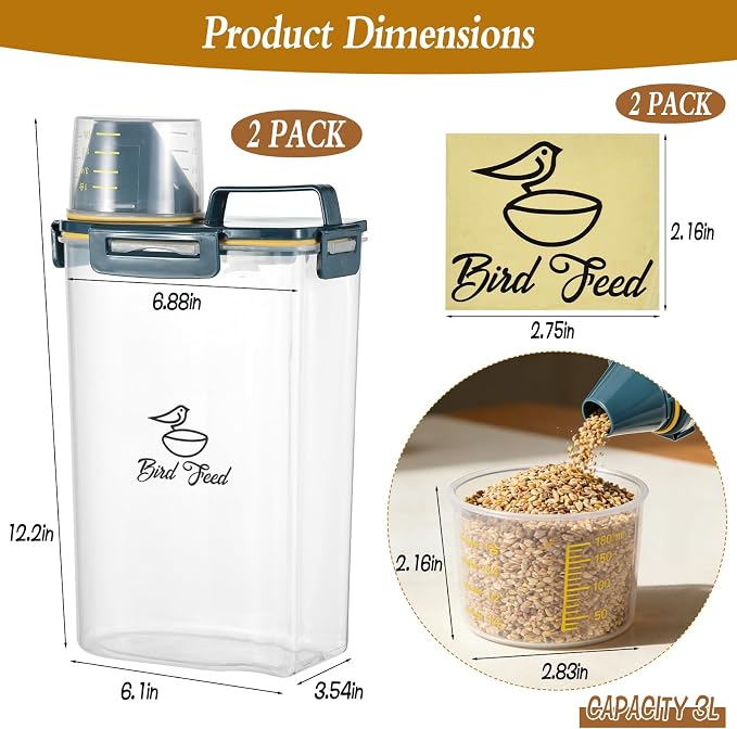 2 Pcs 3.17 Qt/3 L Bird Seed Storage Container Airtight- Portable Bird Food Container with Airtight Measuring Cup, Clear Pet Parrot Seed Dispenser for Birds Food Chicken Feed Storage, Blue Lid