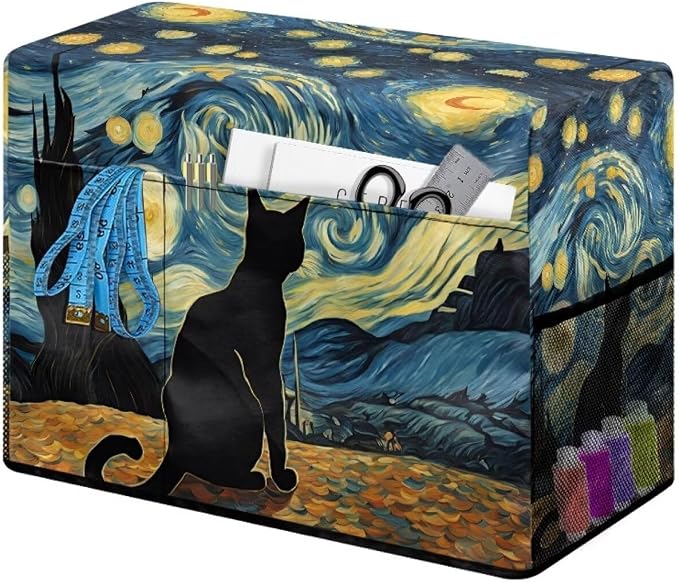 Classic Starry Night Themed Sewing Machine Cover with Black Cat Artwork, Heavy-Duty Dust & Pet Hair Protection with Storage Pocket, Fits Brother, Singer, Janome Machine (Blue)