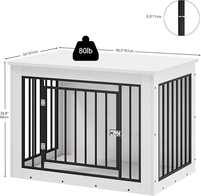 YITAHOME 38.2" Dog Crate Furniture 2-in-1 Iron-Wood Fusion up to 60 lb | Modern Dog Kennel Indoor Side End Table with Waterproof Top, Safety Corners, Steel Lock, White