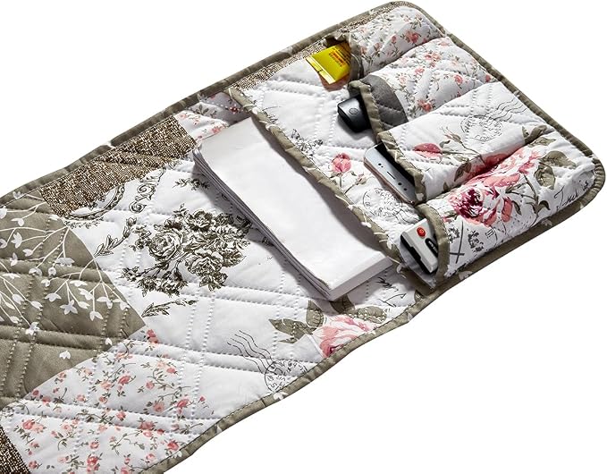 Brilliant Sunshine Pink Rose & Grey Toile Couch Armrest Cover, 35"×13" | Washable Magazine Holder, Armrest Organizer & Caddy on Sofa, Recliner, Armchair, Storage for Remote Controls, Phone, iPad