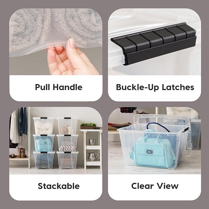 IRIS USA 54 Qt Stackable Plastic Storage Bins with Lids, 12 Pack - BPA-Free, Made in USA - See-Through Organizing Solution, Latches, Durable Nestable Containers, Secure Pull Handle - Clear