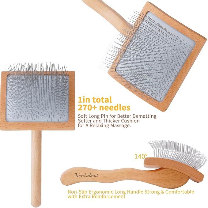 Ergonomic Slicker Brush for Long-Haired Dogs - Wooden Handle, Long Pins for Grooming Goldendoodles