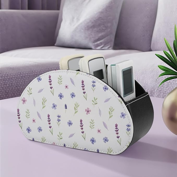 TV Remote Control Holder Purple Lavender Floral Desktop Storage Caddy Box | Pu Leather Makeup Organizer, 5 Compartments, Purple Lavender Floral Flower Botanical, Fit for Media Player, Office Supplies