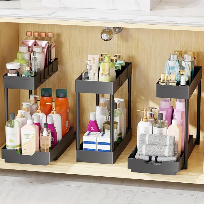 Simple Trending Under Sink Organizer 3 Pack 2-Tier Pull-Out Storage Cabinet | Multi-Use Sink Sliding Under Shelf Organizer with Hooks, for Kitchen Bathroom, Space Saving, Easy Assembly, Black