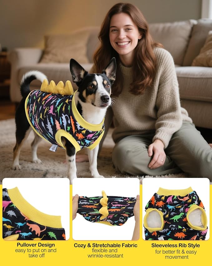 CuteBone Dinosaur Costume Dog Shirt, Stretchy Velvet T-Shirt Clothes for Small Dogs, Soft & Breathable Pet Tee Outfit Cat Apparel for Daily Wear, Cozy Pullover Design Puppy Fashion COSBX01L