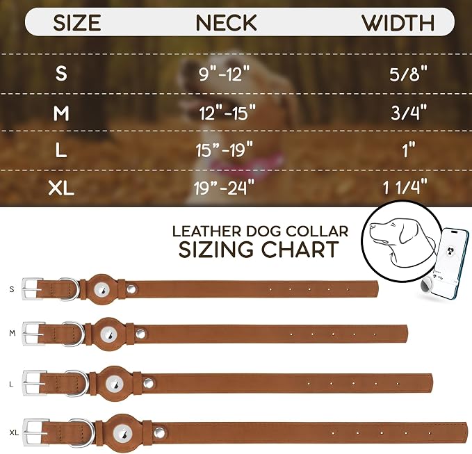 Leather Dog Collar with Airtag Holder - Apple Air Tag Dog Collars - Soft Tracking GPS Pet Collar for Small Medium Large Dogs Breed Puppy (Brown, XL, 19"-24" Neck Fit)