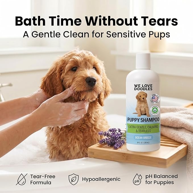 Puppy Shampoo & Conditioner | Made in USA | Tear Free | Best Shampoo for Puppies | Sensitive & Itchy Skin Wash | Oatmeal Bathing | Tearless, Ocean Breeze, 8oz [We Love Doodles]