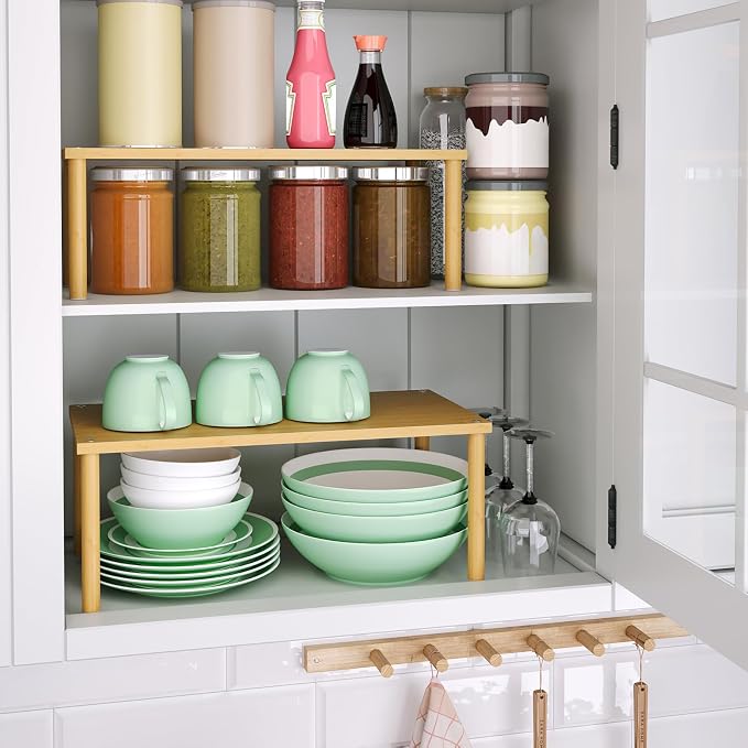 VERTORGAN 2 Pack Cabinet Organizer Shelf,Bamboo Countertop(Large,Natural) | Kitchen Counter Shelves,Spice Rack Countertop and Cabinet,Cabinet Storage,Counter Organizer,Stackable Shelves