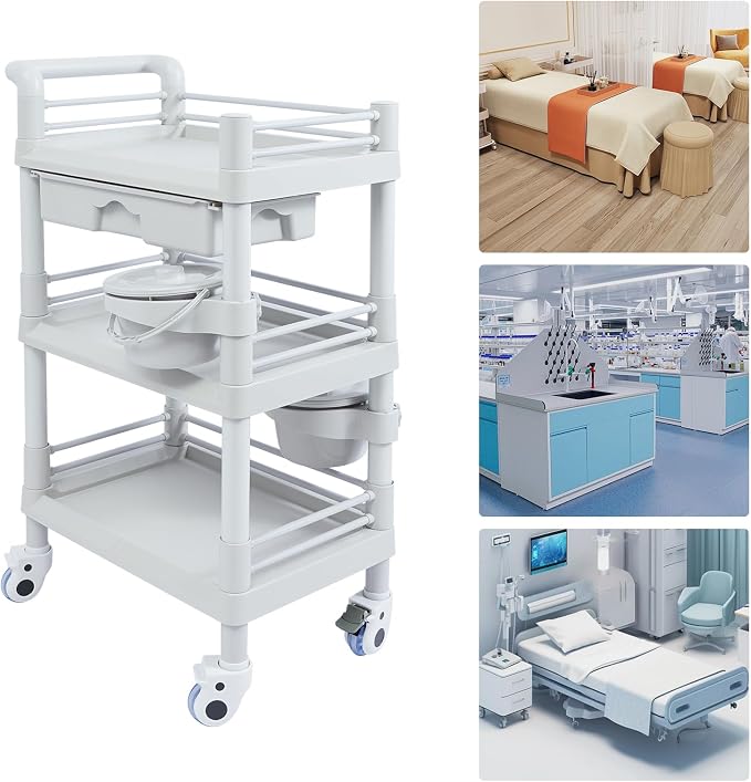 Mobile Salon Storage Cart with Wheel and Drawer, Portable 3-Tier Professional Trolleys, 176 Lbs Load Utility Tool, for Barber Stores, Spas, Homes, Beauty Store, Pet Shops (Grey)