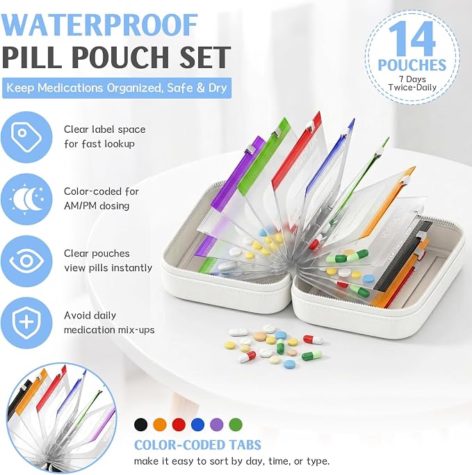 A8 Weekly Waterproof Pill Pouch Set, Reusable Weekly Pill Organizer with 14 Coded AM PM Pouches, Compact Portable Vitamin Supplement Storage Case for Travel Purse Daily Use