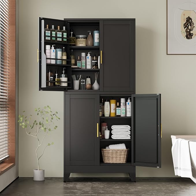 Black Kitchen Pantry Storage Cabinet, 75" Metal Storage Cabinet | Steel Storage with Doors and 3 Adjustable Shelves, Metal Freestanding Buffet Cupboards Sideboard, for Office, Home, School