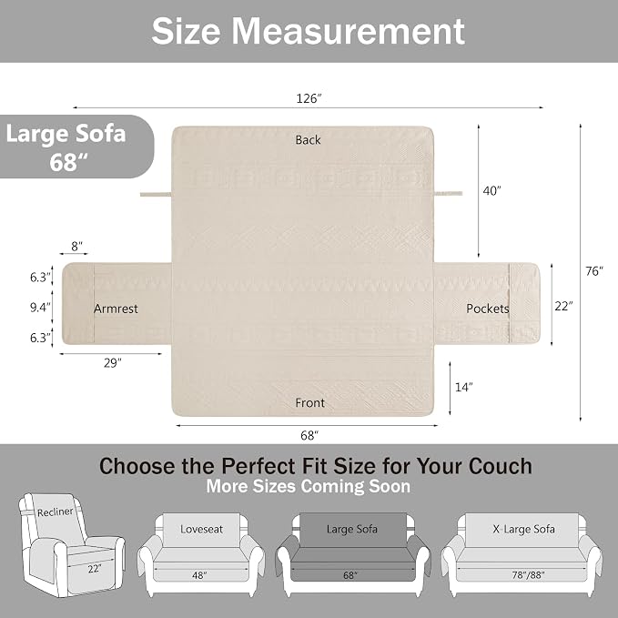 Boho Quilted Couch Covers with Pockets, Pet-Friendly Aztec Couch Covers for 3 Cushion Couch Sofa, Beige Couch Cover for Dogs Water-Repellent Sofa Covers Washable (Large Sofa 68", Beige)