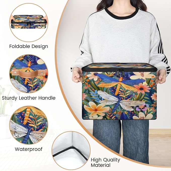 Storage Bin Dragonfly Florals Storage Baskets with Zipper Lid & Handle Foldable Closet Shelf Cloth Organizer Basket Cube Bins Clothes Organizer for Nursery, Bedroom