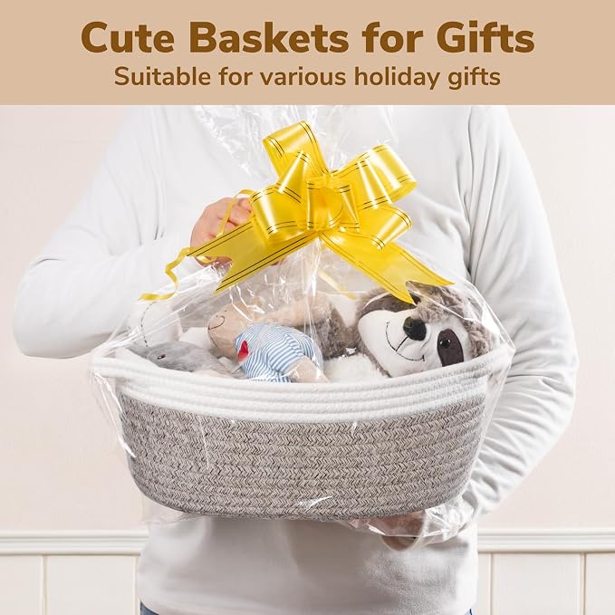 Goodpick Small Woven Rope Gift Basket Empty, 12" x 8" x 5", Mixed Brown | Baby Basket for Baby Showers Toys, Fits Living Room Bedroom Nursery Organization, Dog Toy Storage, with Durable Handles