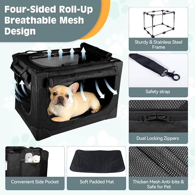 24 inch Small Dog Crate - for Small Dogs, Portable Travel Pet Crate with 4 Mesh Doors, Foldable Car Kennel for Puppy with Handle for Indoor and Outdoor, Black
