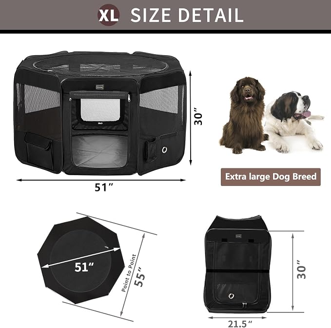 Dog Playpen Portable Pet Play Pens for Small Dog/Cat/Rabbit/Chicks, Cat Playpen Indoor/Outdoor with Carring Case, Removable Zipper Top and Bottom (Black, Extra Large (55"x55"x30"), 8)