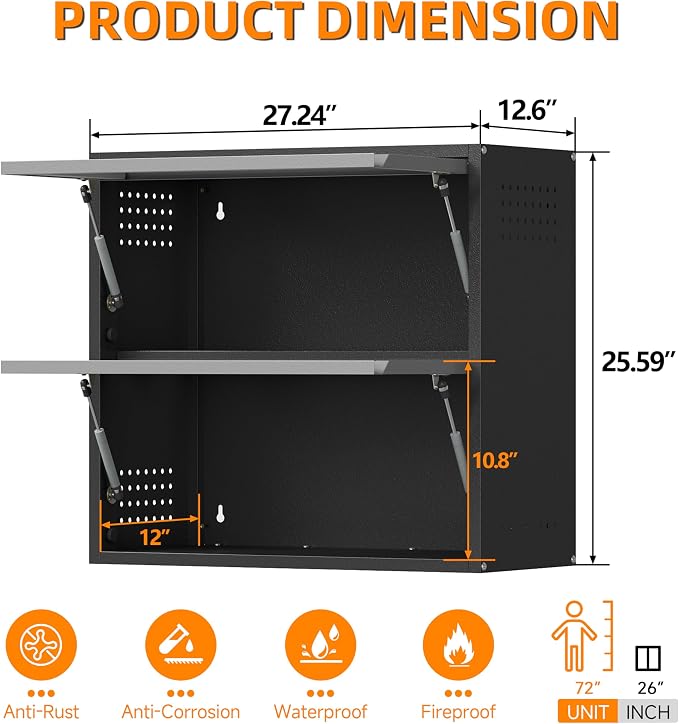Garage Wall Cabinet, 25.6" H Metal Wall Cabinet with 2 Up-Flip Door | Wall Mounted Metal Storage Cabinet, Upper Cabinet for Kitchen,Garage,Workshop,Warehouse, Assembly Required, Gray