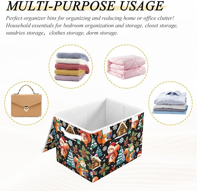 Storage Bins with Lid Christmas Squirrel Foldable Storage Boxes 40L Baskets | Decorative Storage Boxes, 300D Oxford Cloth, Hollow Board Frame, Flip Top Velcro Lid, 16.5x12.6x11.8 inch, Collapsible Design