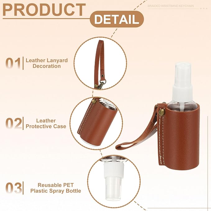 uxcell Travel Empty Spray Bottles with Leather Bag Holders, 30ml Refillable Leakproof Bottle Travel Size, Portable Hand Soap Containers for Cosmetic Perfume Air Freshener,Brown