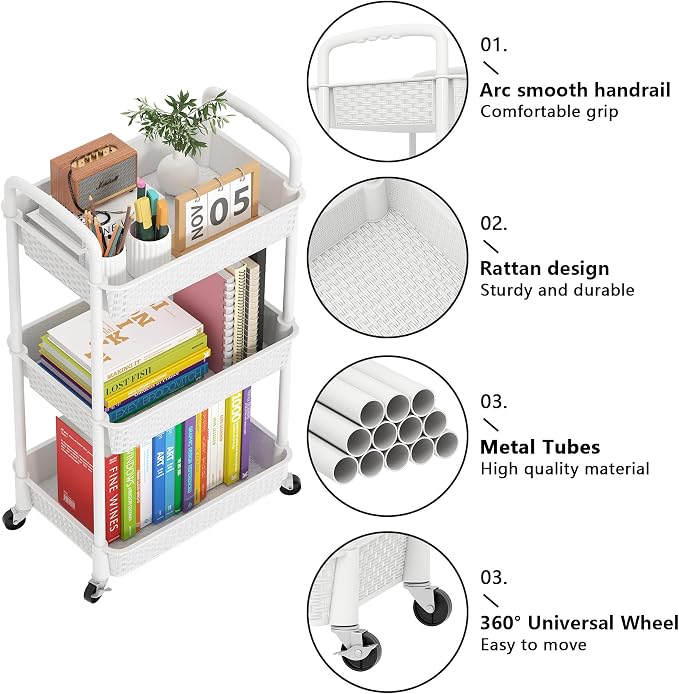 MOYIPIN 3-Tier Plastic Rolling Utility Cart with Handle,Utility Storage Cart for Office, Living Room, Kitchen,Movable Storage Organizer Shelves,White | Utility Storage Cart for Office, Living Room, Kitchen,Movable Storage Organizer，Easy installation，Ra...