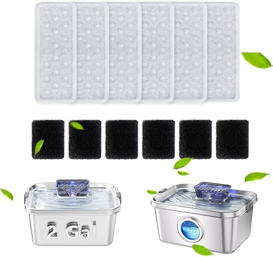 PETIMI Accessories Set (Replacement Filter & Water Pump Sponge) for Pet Water Fountain- 6 pcs Packed Filters & 6 pcs Packed Sponges, Only Suitable for PETIMI Pet Water Fountain (Model PF-SS-01/02/03)