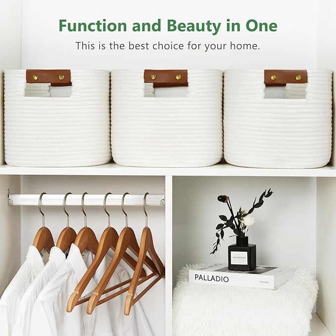 ECDYQXVU 15x10x9 Woven Cotton Rope Storage Basket, Leather Handles 1 Pack | Foldable Design, Sturdy PU Handles, Easy to Clean Organizer for Living Room, Closet, Shelves, Bedroom, Laundry, Clothes