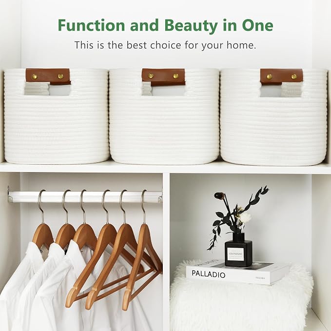 ECDYQXVU 15x10x9 Woven Cotton Rope Storage Basket, Leather Handles 2 Pack | Foldable Design, Sturdy PU Handles, Easy to Clean Organizer for Living Room, Closet, Shelves, Bedroom, Laundry, Clothes