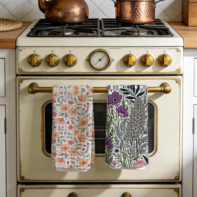 2PCS Vintage Boho Floral Kitchen Towels 14x24 Inch, Absorbent Microfiber Decorative Dish Cloth Tea Towel, Retro Colorful Flower Dish Tea Towels Drying Cloth for Kitchen, Housewarming Gifts for Women02