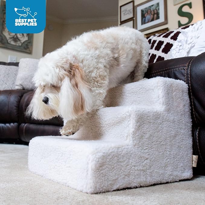 Best Pet Supplies Dog Stairs & Steps - Foam Steps for Small Dogs & Cats, Non-Slip Indoor Balanced Pet Step Support, Dog Ramp, No Assembly, Ivory, 3-Step (13.5-inch Height)
