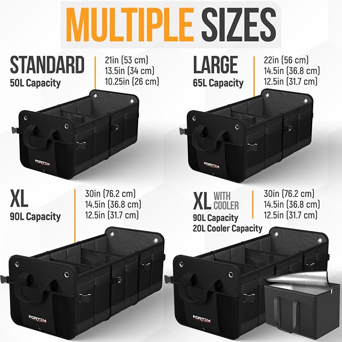 FORTEM Trunk Organizer - Collapsible Car Organizer & Storage Bag for SUVs | Car Accessories for Men & Women, Cooler Bag, Non Slip Bottom, Straps, Soft Cover, 1680D Oxford, 6 Compartments, Black, 110L