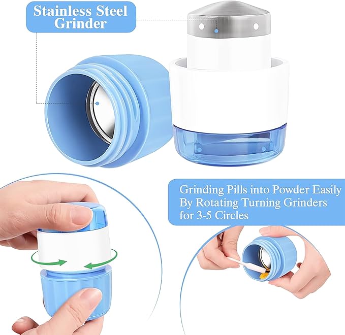 AMAFI 3-in-1 Pill Crusher and Pill Cutter Pills Crusher Fine Powder with Stainless Steel Grinding Head Pil Grinder with Storage for Tablets Cutter Splitter for Small and Tiny Pills Blue