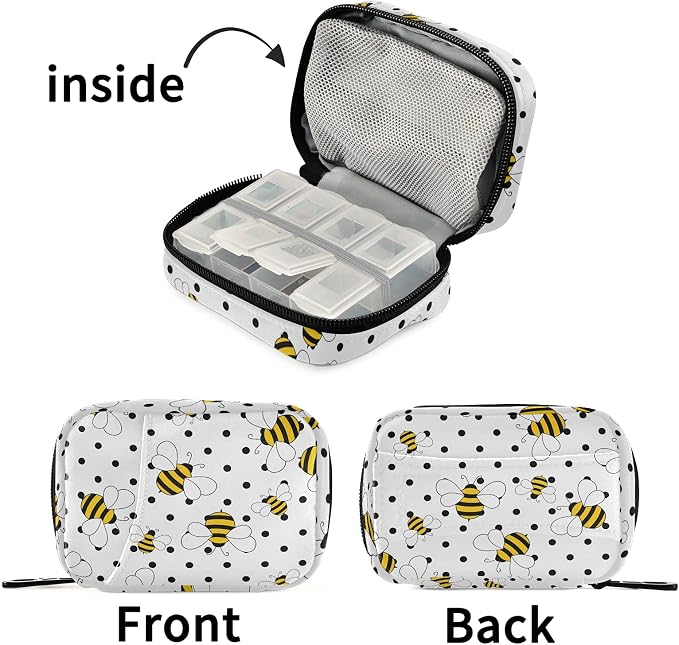 Bees on Polka Dots Pill Box 7 Day Pill Case Travel Pill Organizer Bag with Zipper Portable Weekly Case Compact Size for Vitamin Supplement Holder