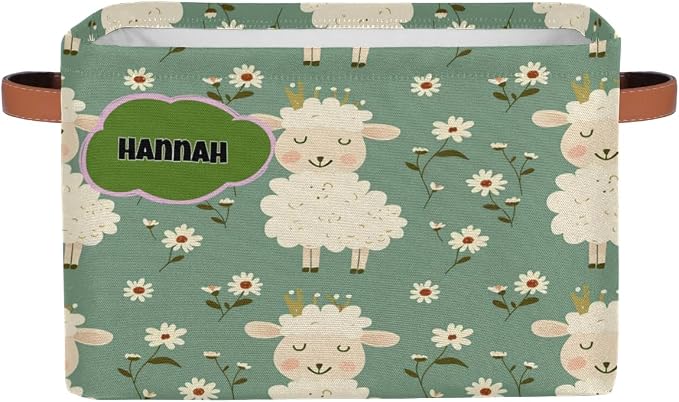 Personalized Kids Toy Box Name, Custom Nursery Baskets Cubes Box, Kids Custom Storage Basket Laundry Baskets Organizer with Handles, Cute Sheep with Daisy Floral