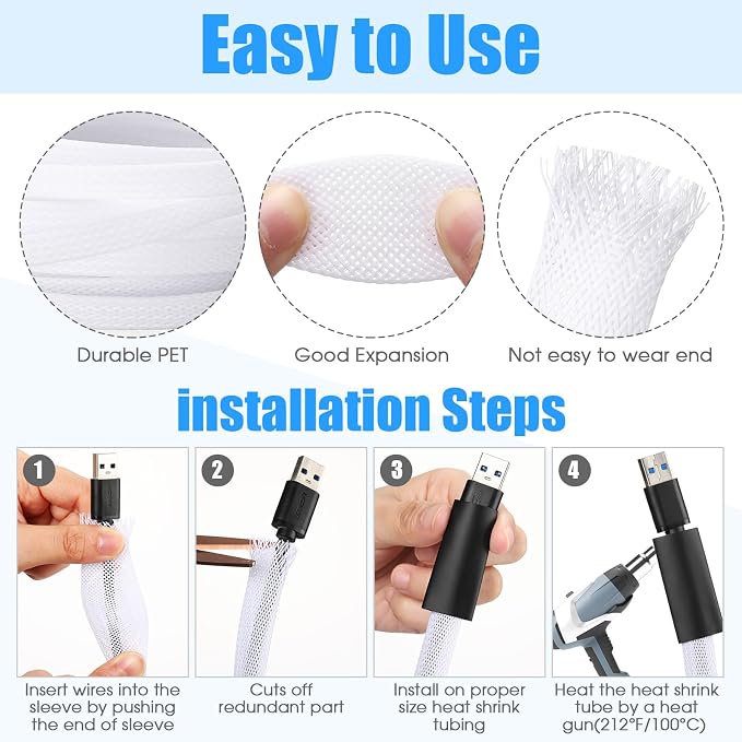 Tatuo 65.6 ft Braided Cable Sleeve Expandable Wire Sheathing(White) | with 120 Heat Shrink Tubing 1/4 in 2/5 in 1/2 in 3/4 in Wire Sleeve Cord Management for Television Audio Computer Video Pets