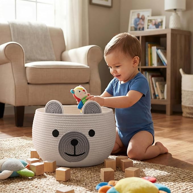 CherryNow Large Baby Basket for Gifts Empty, Cute Bear Design, White | 15.7" x 10.5" Baby Shower Basket With Handles, Cotton Rope Basket for Toys Diaper Caddys Storage, Fits Living Room Nursery