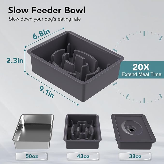 UPSKY 3-in-1 Elevated Dog Bowls Slow Feeder, Adjustable Stand, No Spill Water Dispenser, Stainless Steel Food & Water Bowl for Small Medium Dogs