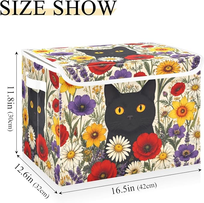 Fabric Storage Bins with Lid Cat Floral Garden Closet Storage Basket 40L | Foldable & Stackable, Flip Top Dust Guard, Reinforced Handles, Home & Bedroom, Clothes & Toys, Oxford Print Basket